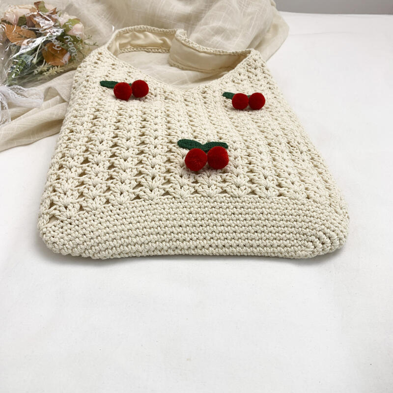 Charming Crochet Tote Bag with Cherry Embellishments – Handmade Summer Beach Bag for Women