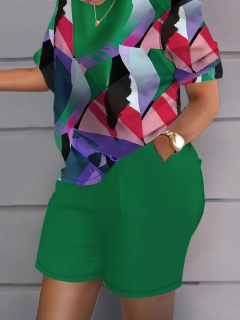 Summer Colorful Print Women Two-piece Sets Casual Short Sleeve Round Neck T-Shirt & Shorts Loungewear Short Sleeve Shorts Two-piece