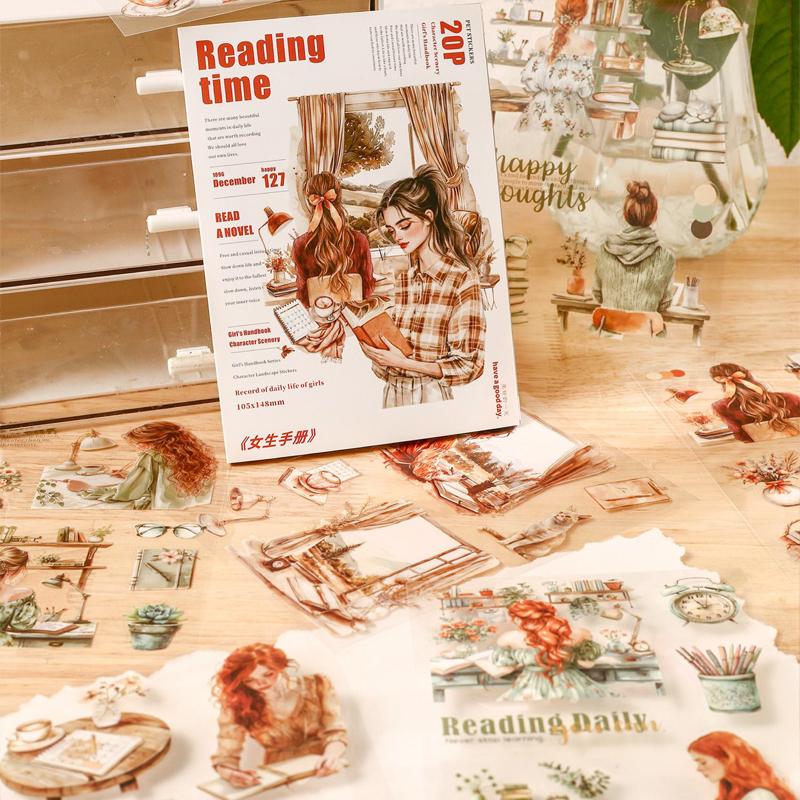 PET Sticker Book Coffee Fashion Girl Studying Daily Life Scene Notebook Sticker Book Creative DIY Greeting Card Cup Decoration