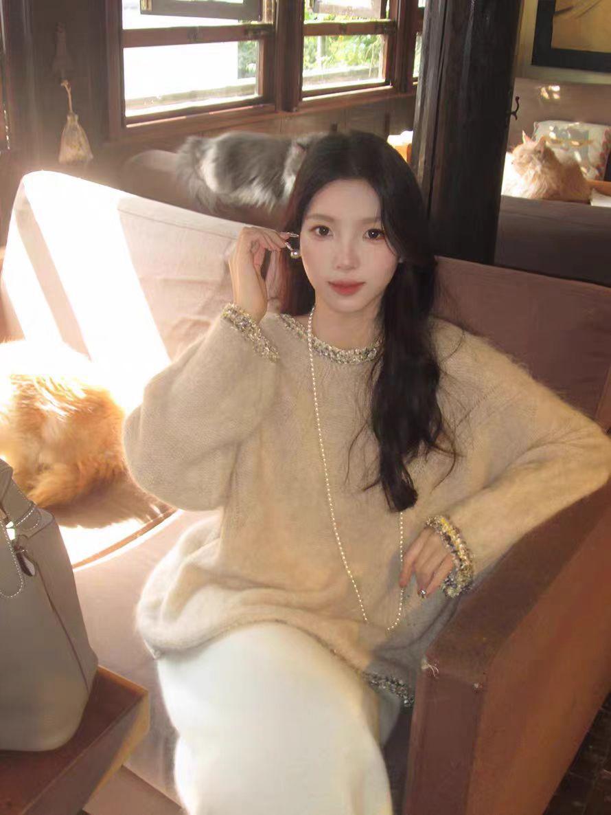 

Осень и зима новый розовый кружевной трикотажный свитер в стиле ленивый ветер женский нежный ветер круглый вырез мягкий восковой уменьшающий возраст one size fits all абрикосовый