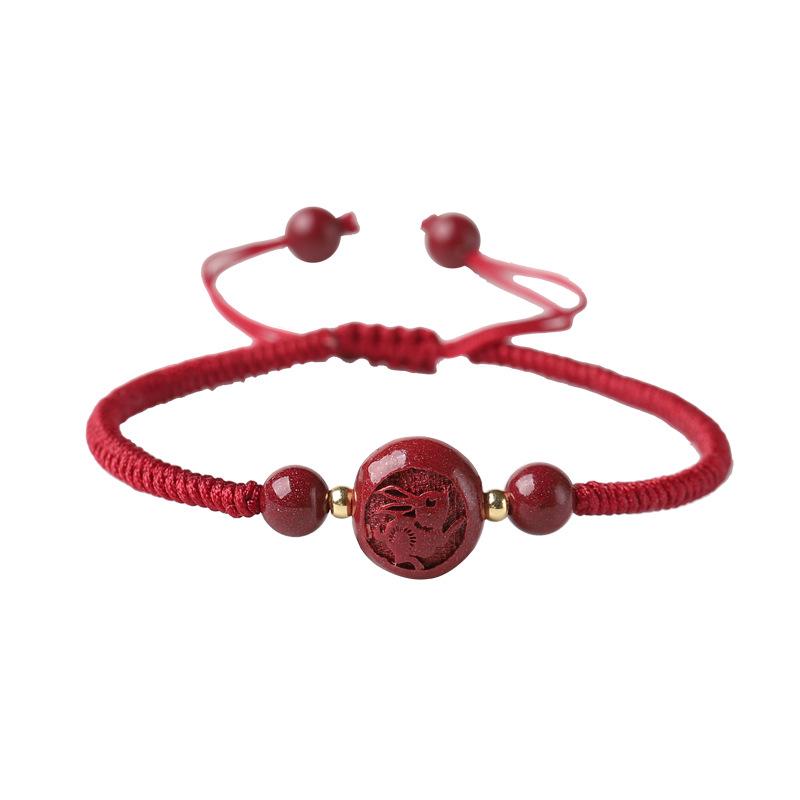 Natural Cinnabar Zodiac Bracelet - Year of the Dragon Hand-Woven Red String for Women