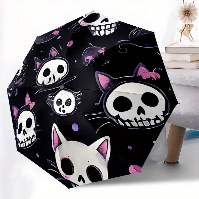 1 pièce Parapluie Automatique Ouverture/Fermeture Chat Crâne avec Protection Anti-Vent, Design Fonctionnel, Toile Robuste à 8 Baleines, Baleines Durables, 034