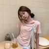 Korean Sweet and Spicy Pink Bow Streamer Short-sleeved T-shirt Women's Summer French Unique Design Sense Beautiful Small Top
