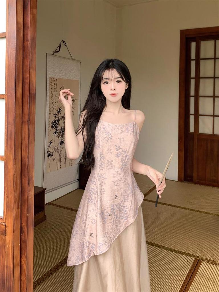 2024 Summer Zen-Inspired Chinese Cheongsam Dress: Irregular Print, Long Suspender Skirt