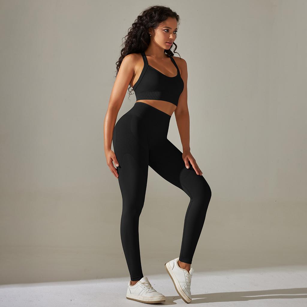 Seamless Knitted Solid Color Cross Back Tight Yoga Suit Set For Sports Running And Fitness Nine Leg Pants