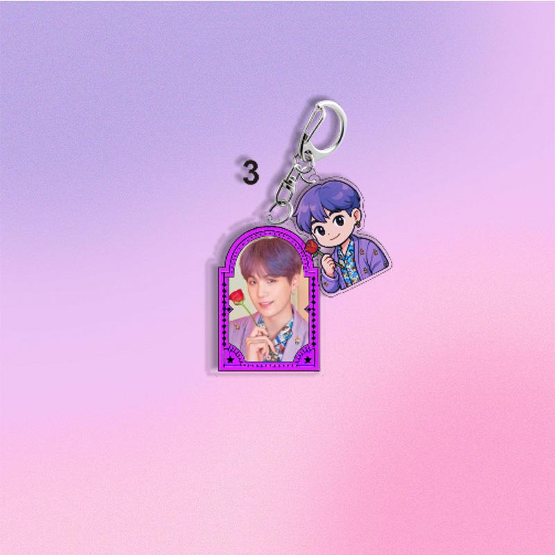 BTS Q-version Cartoon Characters Holding Roses Keychains, Bag Charms, Clothing Accessories, Celebrity Merchandise Support Items.
