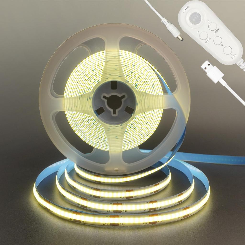 Clearhill Human Sensitive LED Tape Light Strip Light with Sensor Flexible 5M Natural White 4000K Powerful Width 8mm 320 USB Powered IP20 5V For Stairs