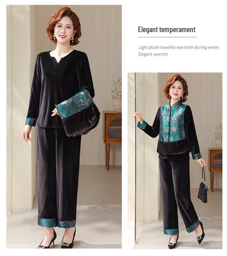 Mom's Spring/Autumn Gold Velvet Chinese Style Vest Jacket Three-Piece Suit for Middle-Aged and Elderly Women
