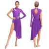 S-XXL Women Lyrical Dancewear: Asymmetrical Side Split Dress with Mock Neck, Cutout, Sheer Mesh, Patchwork & Shiny Rhinestones