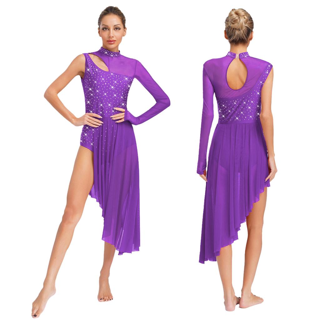 S-XXL Women Lyrical Dancewear: Asymmetrical Side Split Dress with Mock Neck, Cutout, Sheer Mesh, Patchwork & Shiny Rhinestones
