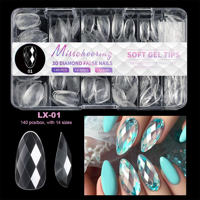 Luxury Diamond Almond Press On False Nail Tips Classic Trapezoidal Full Cover Soft Fake Nails Extension DIY Manicure Salon Tools