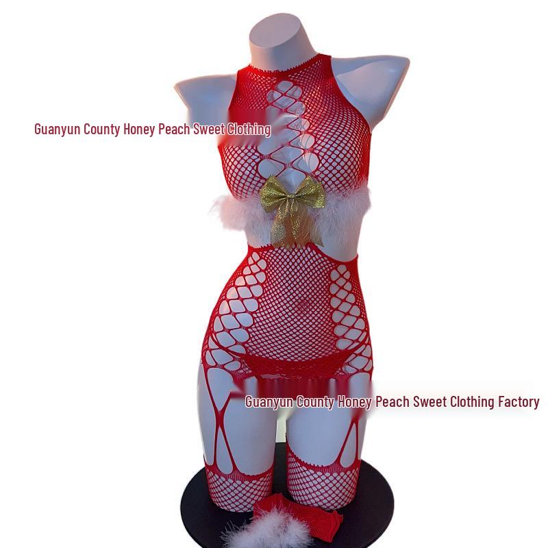 Red Fishnet Stockings with Golden Bow and Fluffy Christmas Accent