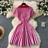 Women's Striped Dress Summer Dress V Vertical Vintage A-line Sweater Dress