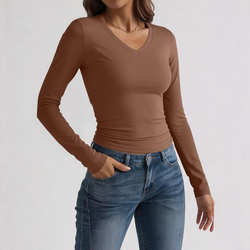 Women's Slim Fit V Neck Long Sleeve T Shirt Stretchy Milk Silk Fabric Soft Texture Basic Layering Top