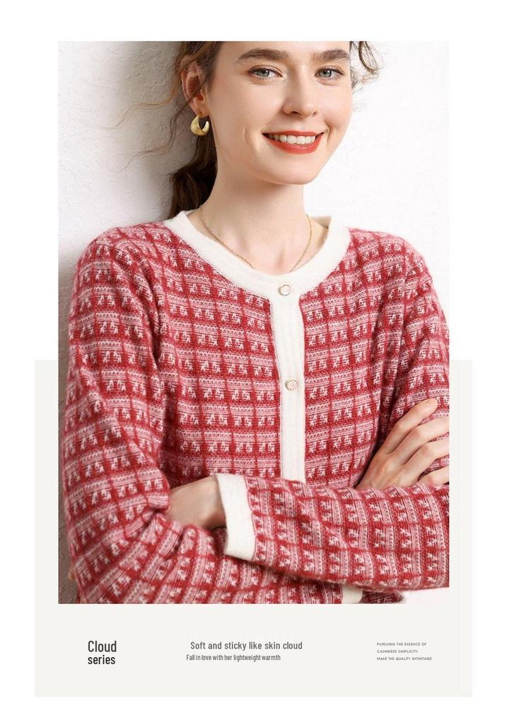 Women's Color Block Cashmere Cardigan – Autumn/Winter, Round Neck, Long Sleeve, Loose Fit with Pockets.