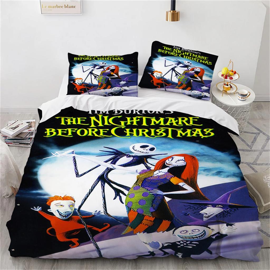 Halloween Totenkopf Bettbezug,Jack und Sally Bettdeckenbezug,Nightmare Before Christmas Bettwäscheset Kissenbezug,Halloween Deko