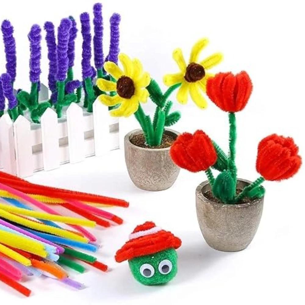 100-1500Pcs Colorful Chenille Stem Twisted Rod Diy Plush Tinsel Stem Wired Twist Stick Fluffy Bar Iron Wire Pipe Cleaners Plush