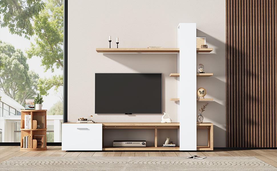 Woonkamerkast, Woonkamermeubelset 180 x 33,5 x 151,5 cm, Geschikt voor TV's onder 60 inch, Moderne Eiken Wit TV-meubel, TV Wandmeubel Set