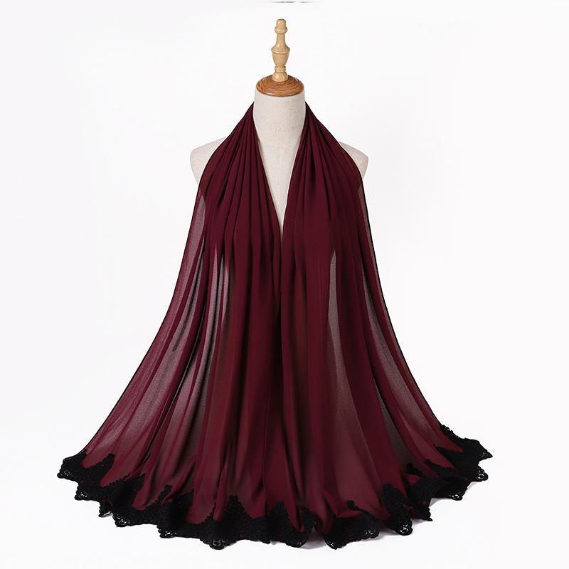 New Pearl Chiffon Malaysia Fashion Black Lace Scarves Muslim Shawl Plain Soft Turban Head Wraps Headband