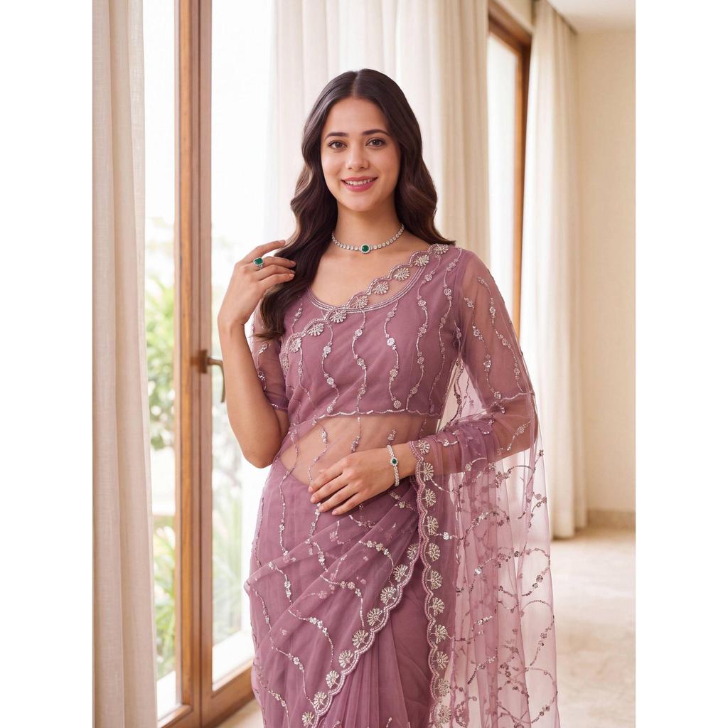 Premium Net Saree with Beads, Sequins & Pearl Embroide