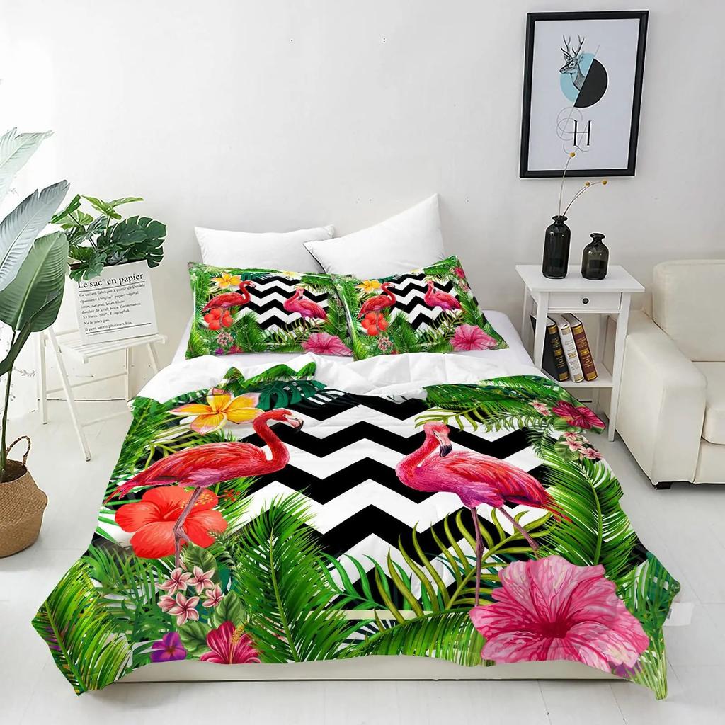 Flamingo Duvet Cover Three-Piece Girl Bedroom Bedding Quilt Cover Set Pink Bedspread