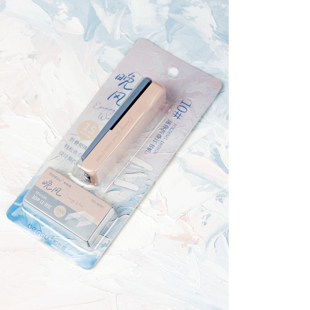 Evening Wind Folding Stapler Set Mini Portable Hitting Color Binder, with 10# 1000pcs Staples, Office Binding Tools School