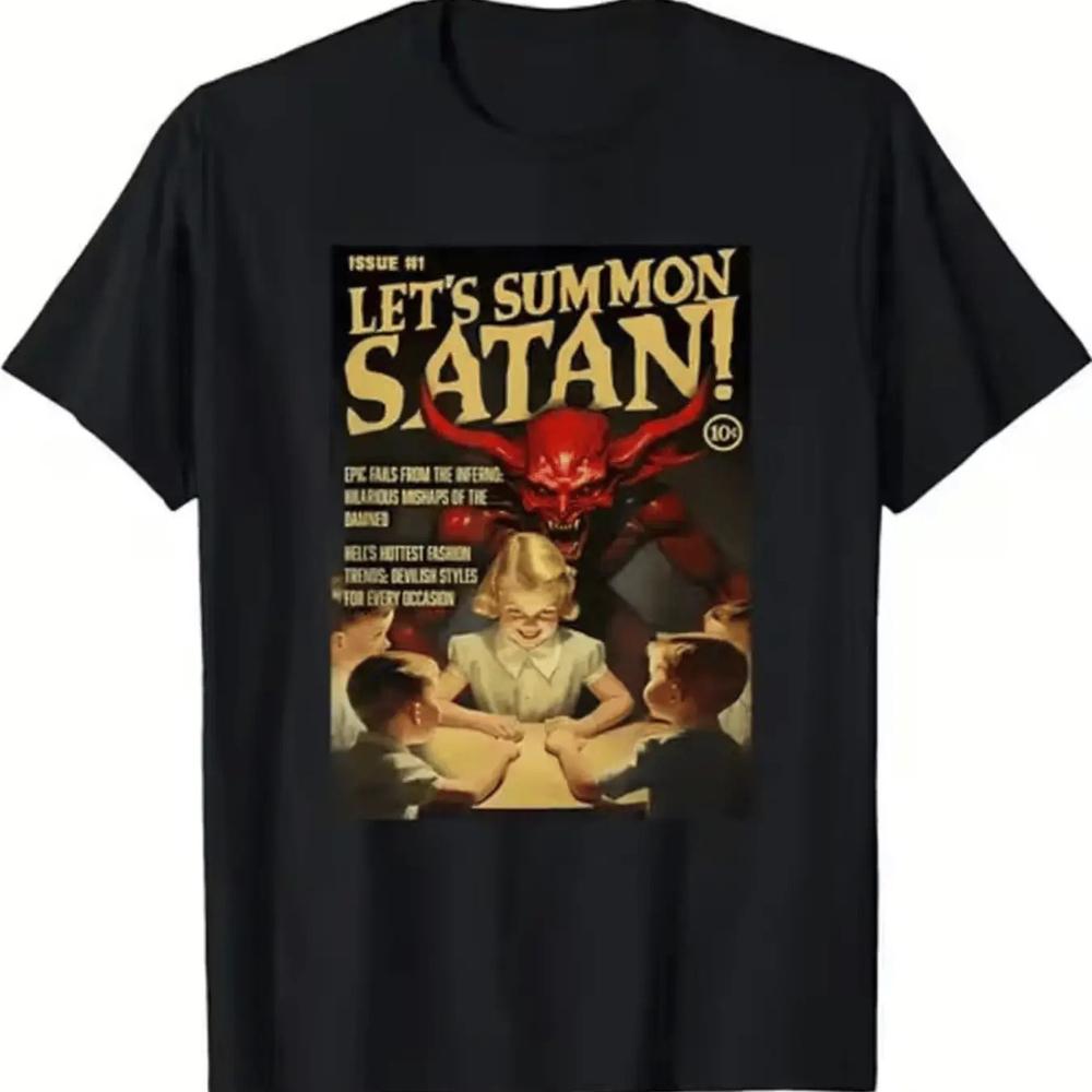 Men's Summoning Satan T-Shirt Occult Design with Satan Art Social Proofing Lettering Loose Fit