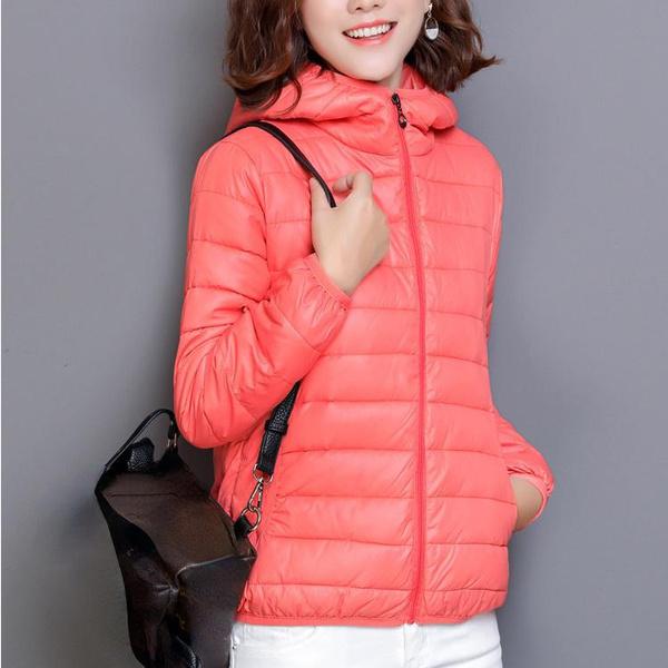 Chaqueta Plumífero Ultraligera para Mujer con Capucha Invierno Chaquetas de Plumón de Pato para Mujer Parka de Manga Larga Slim con Cremallera Abrigos