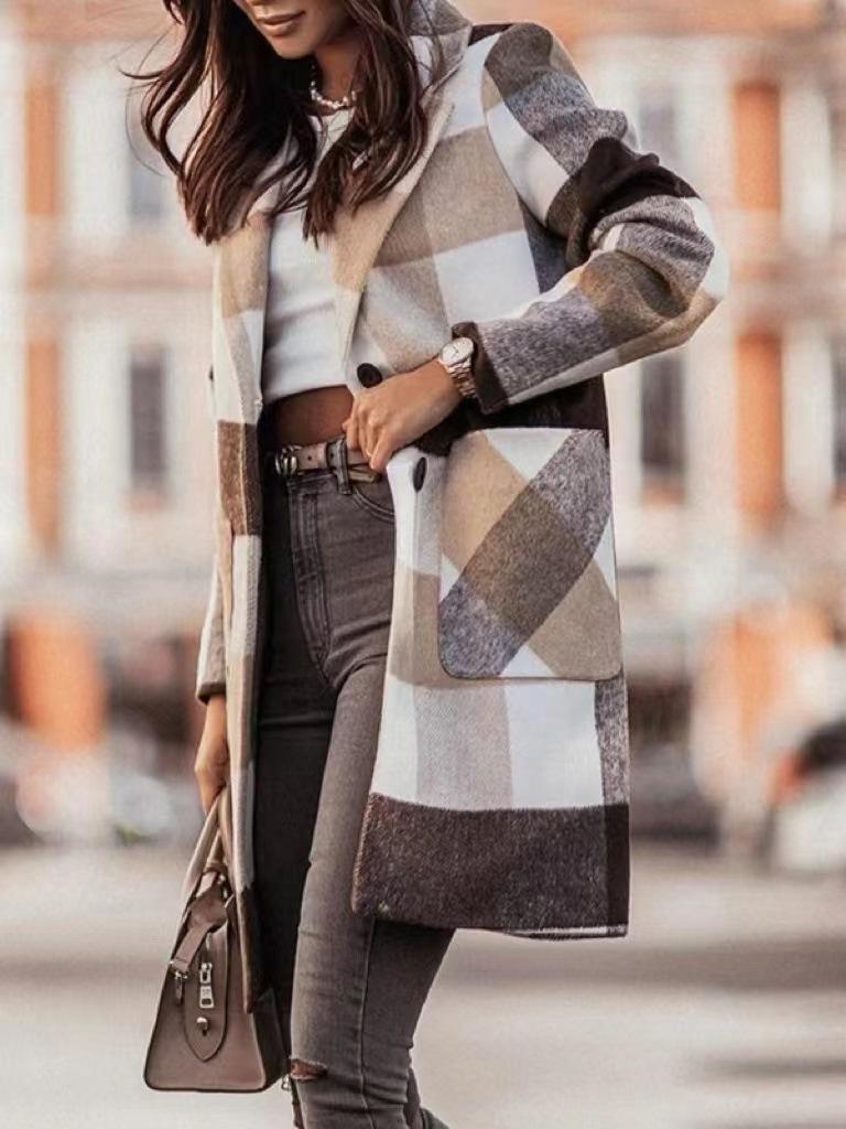 2025 Plaid Woolen Long Overcoat: Autumn/Winter Women's Lapel Outerwear, Single-Breasted Design.
