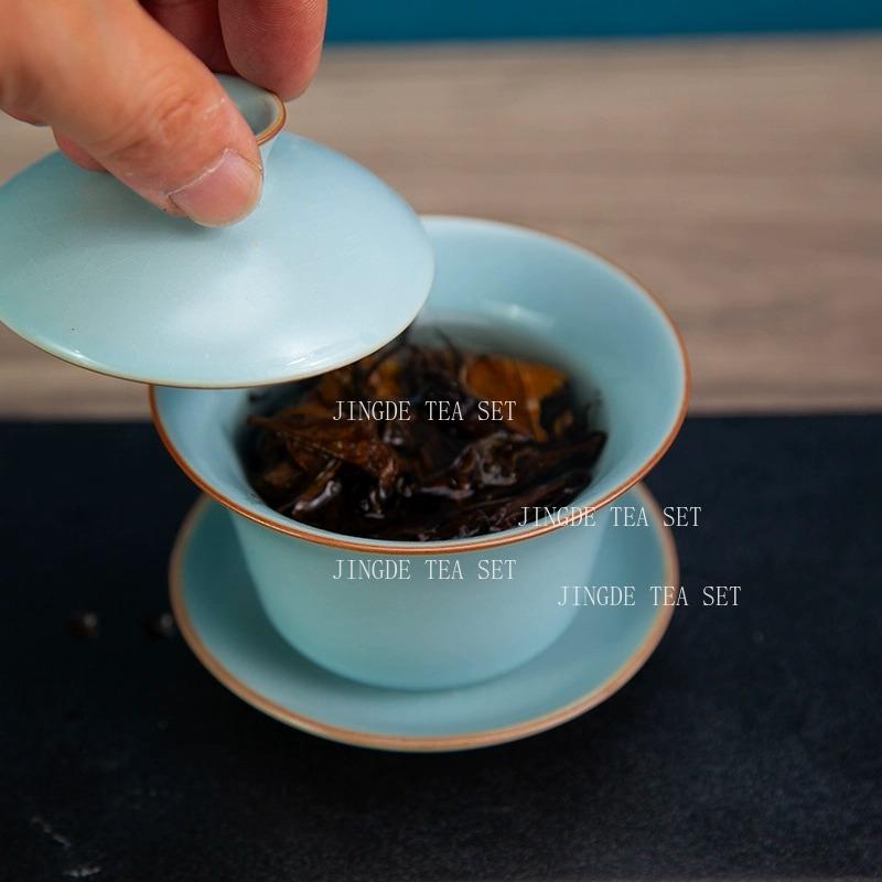 1PCS sky blue exquisite ceramic tea set Handmade gaiwan teacup traditional porcelain tea accessories with covered teacup