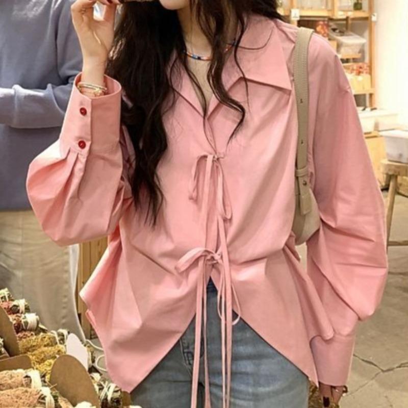 

Women s Bow Tied Lace Up Shirt Loose Solid Color Lapel Collar Button Design Long Sleeved Blouses Spring Casual Fashionable Ladies Top XL рожевий