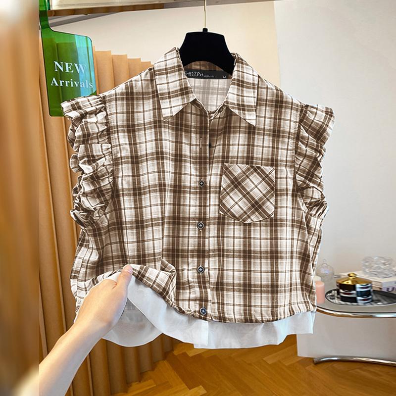 ZANZEA Women Casual Turn Down Collar Sleeveless Plaid Print Blouse