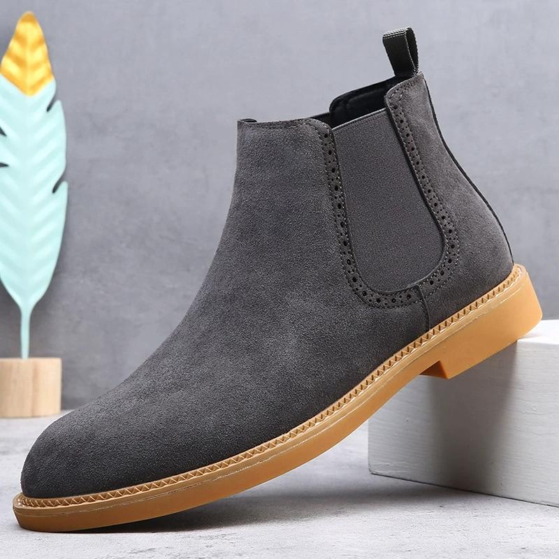 Italian Gray Genuine Leather Men Boots Business Winter Slip on British High Boot Mens Cowhide Pointy Boots Suede Chelsea Boots