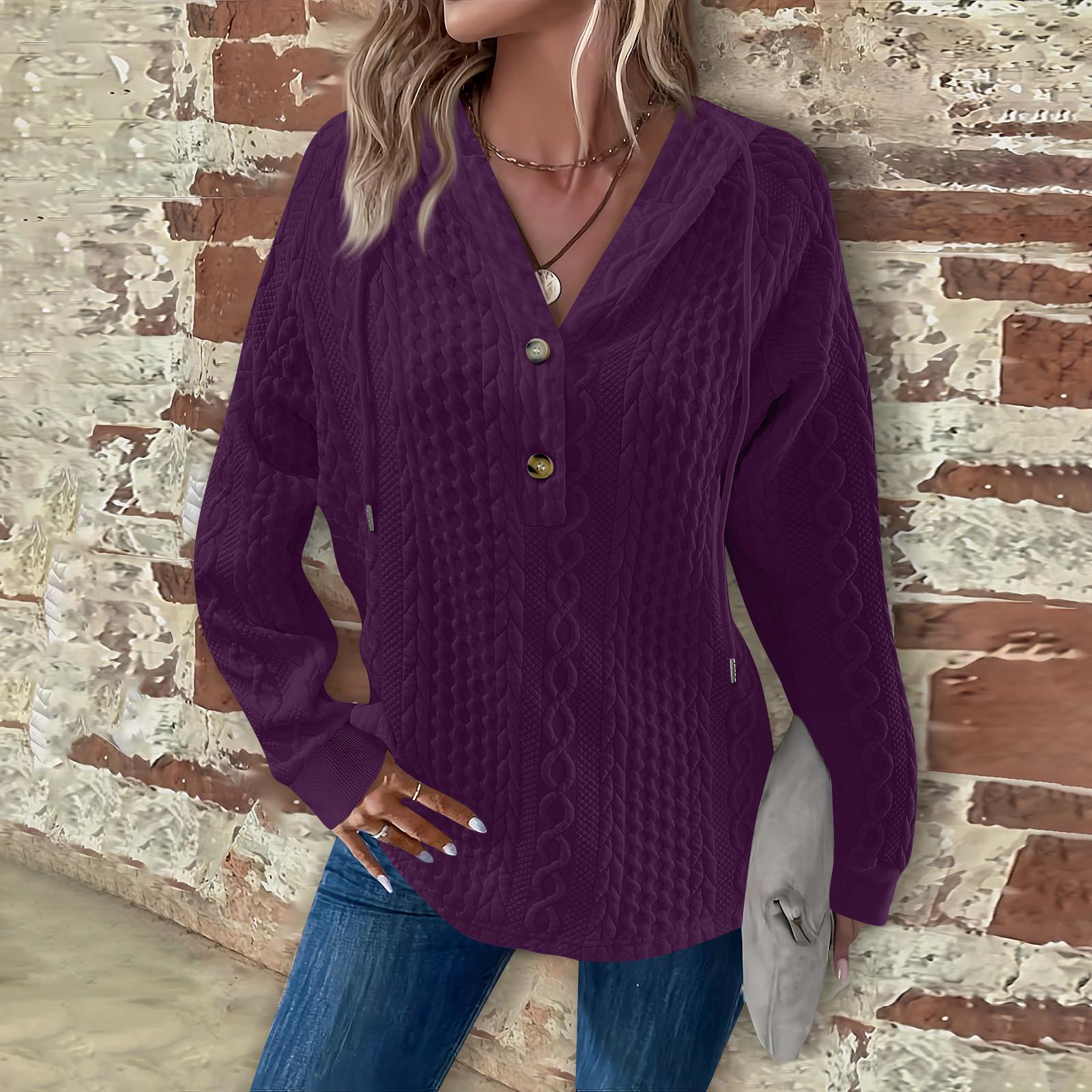 

Женская мода с длинным рукавом, завязками на шнурке, капюшоном, пуговицами, V-образным вырезом, повседневная толстовка с капюшоном XL фиолетовый