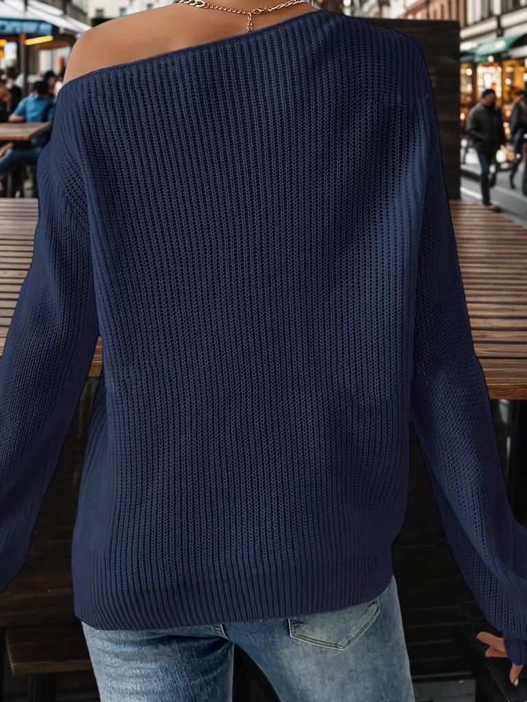 Autumn/Winter Off-Shoulder Knit Sweater - Loose Fit, Pure Color, Casual Style