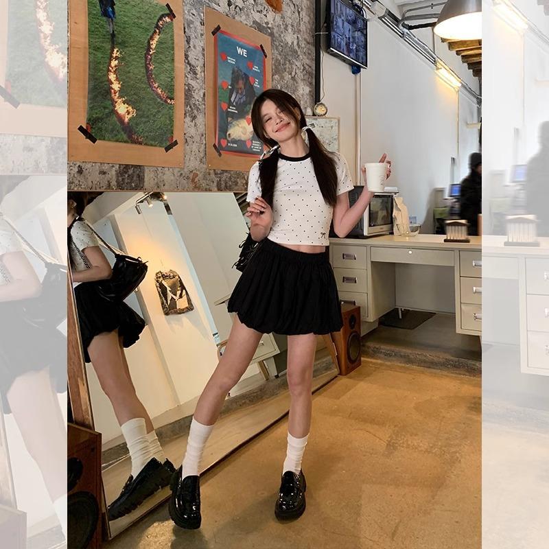 Polka Dot Contrast Stitching Round Neck Short-sleeved T-shirt for Women Summer New Style Bow Embroidered Right Shoulder Short Top