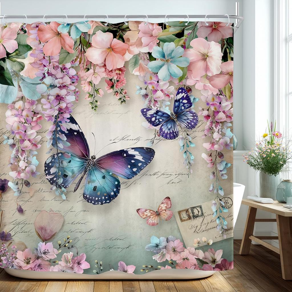 Floral Butterfly Shower Curtain Spring Pink Blue Vintage Flowers Purple Lavender Weeping Wisteria Blossom Envelope Bathroom