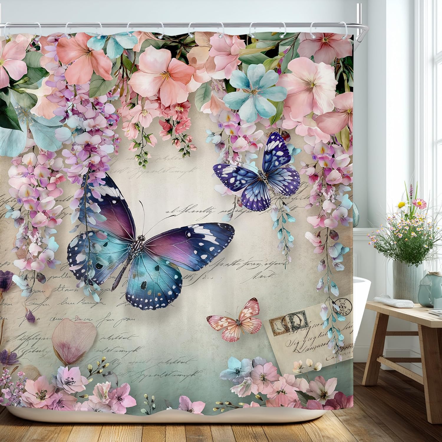 Fantasy Forest Butterfly Shower Curtain Blue Enchanted Trees Fairy Tale Pretty Floral Foggy Wonderland Magic Nature Bathroom 90x180CM