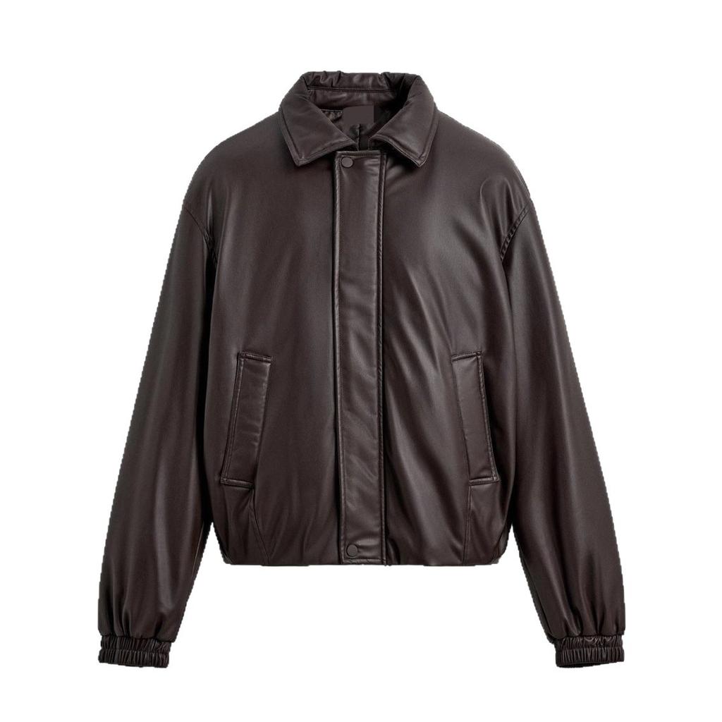 Pingtai European and American men's lapel dark brown imitation leather padded jacket, cotton clothing pu leather jacket, coat