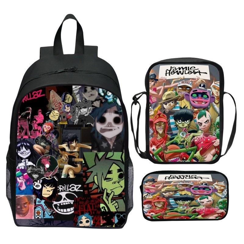 Gorillaz UK Virtual Band Printed Cartoon Backpack 3-Piece Set School Bag Lightweight Large Capacity