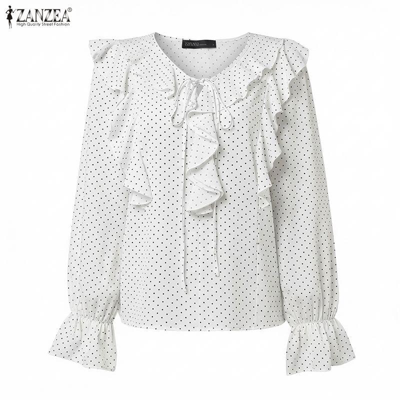 ZANZEA Women Casual Ruffles V-Neck Loose Long Sleeve Polka Dot Print Blouse