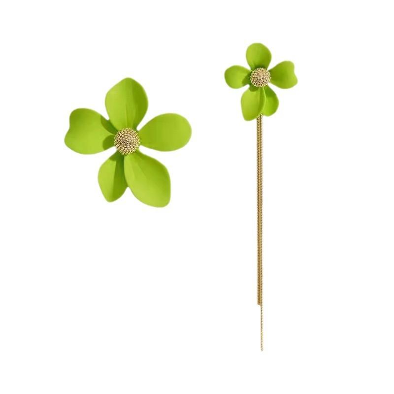 Korean Sweet Green Flower Earrings for Women Girls New Fashion Asymmetrical Temperament Long Tassel Earrings Party Jewelry Gift
