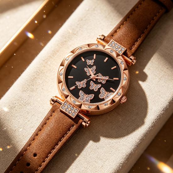 Ladies Butterfly Watch Artificial Leather Strap Quartz Watch Rhinestone Round Dial Fashionable Wristwatch for Women Party Office Date
