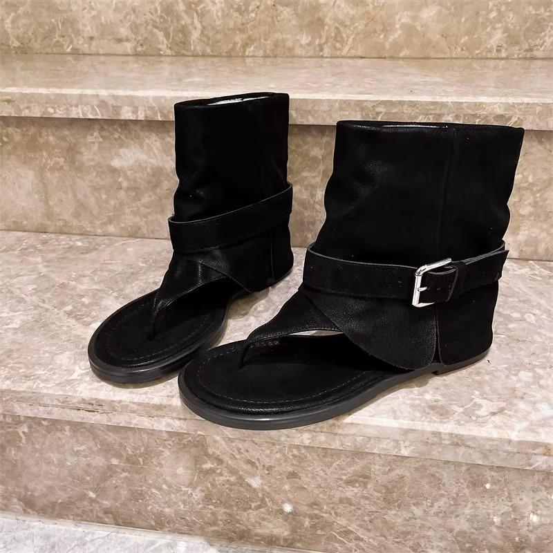 

Fashion Rome Locomotive Cool Boots Women s Round Toe Clipped Toe Metal Buckle Soft Sole Anti-slip Wear-resistant Flat Sandals 40 чёрный