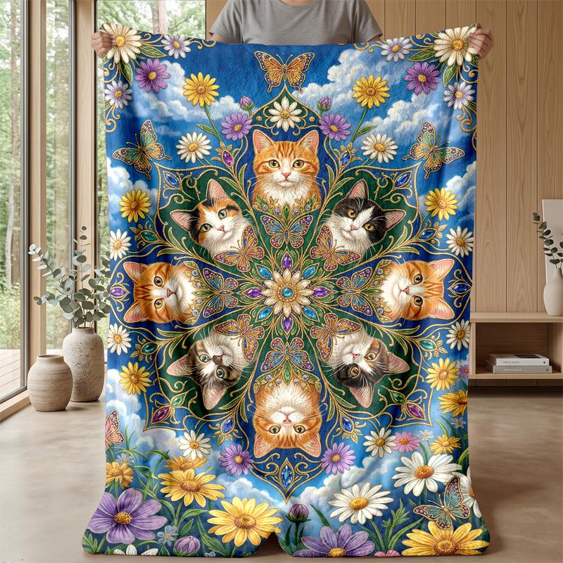 Cats In Cartoon Style Blanket Personalized Name Flannel Blanket Soft Cozy Plush Throw for Sofa Bed Lightweight Home Decor