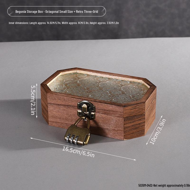 Retro Begonia Glass Lid Wooden Storage Box for Cosmetics, Snacks, Candy, and Documents - Dustproof and Multifunctional