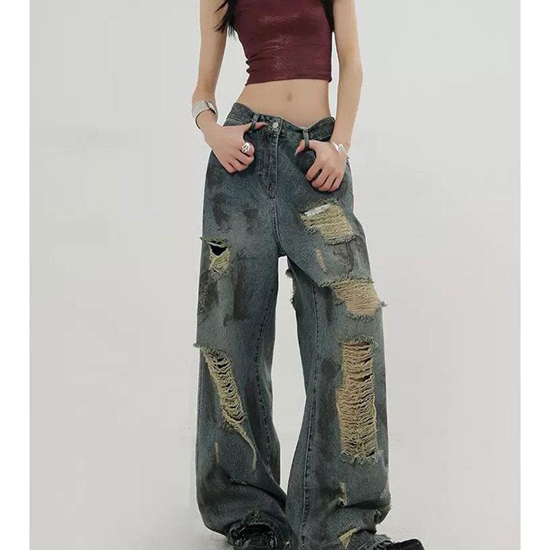 Wasteland Style Retro Ripped Jeans Women's Spring and Summer New Design Sense High Waist and Thin Large Size Wide Legs Mopping Trousers