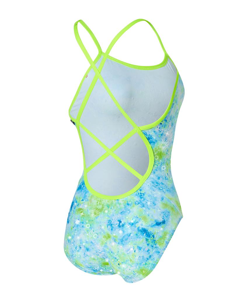 Laelliseupocheu [Rsla418 Mlt] Perfume Foil Double Strap X-Back Swimsuit Multi