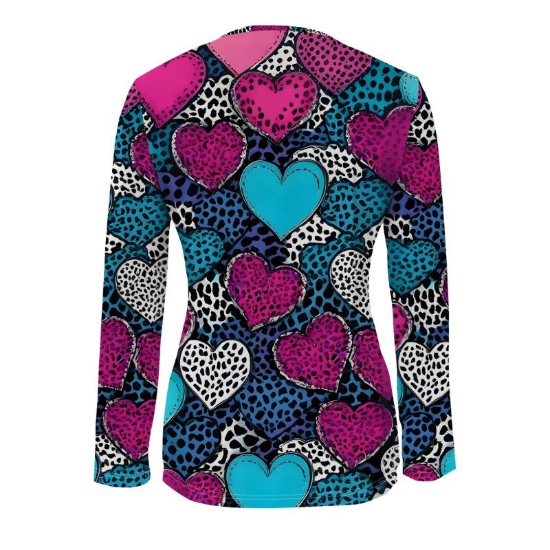 Leopard Print Heart Valentine's Day Pattern Zipper T-shirt Casual Long-sleeved Top Suitable for Spring and Autumn Suitable for Home and Outdoor Wear