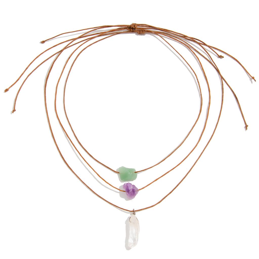 Retro Ethnic Style Irregular Gravel Pendant Necklace, Adjustable Wax Line Crystal Fringed Necklace